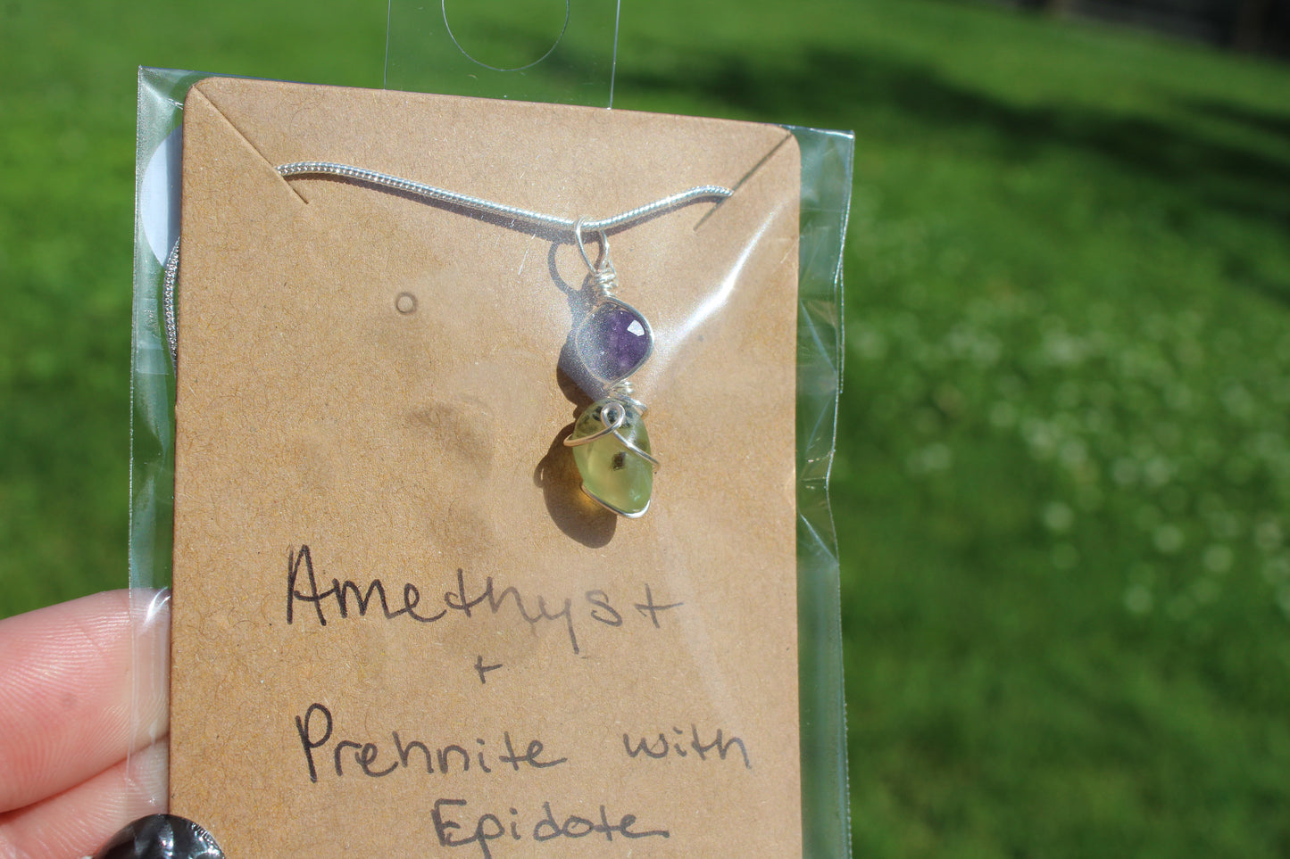 Amethyst & Prehnite with Epidote Dainty Double
