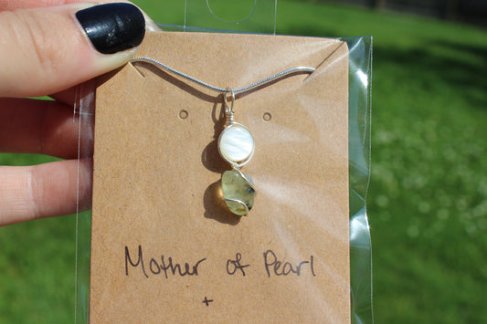 Mother of Pearl & Prehnite with Epidote Dainty Double