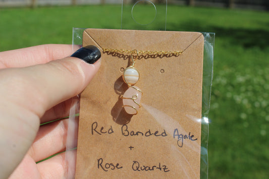 Red Banded Agate & Rose Quartz Dainty Double