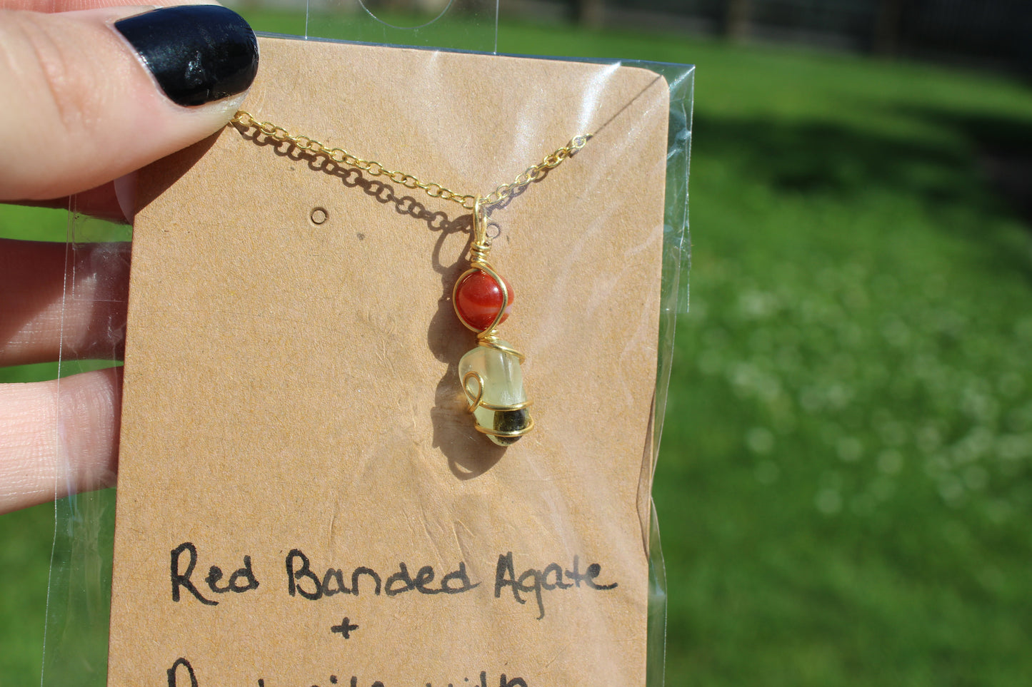 Red Banded Agate & Prehnite with Epidote Dainty Double