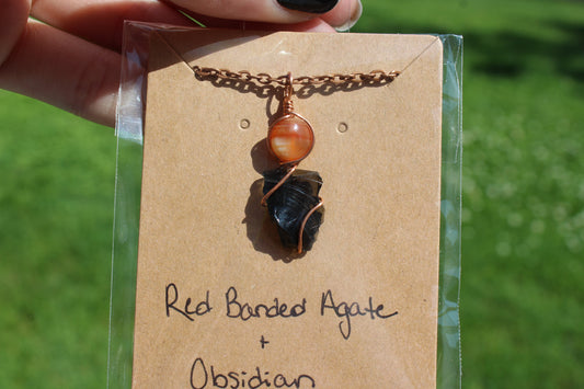 Red Banded Agate & Obsidian Dainty Double
