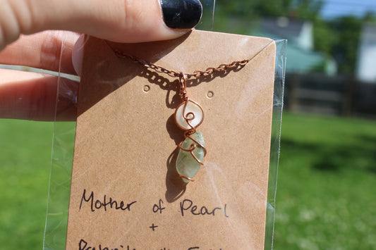 Mother of Pearl & Prehnite with Epidote Dainty Double
