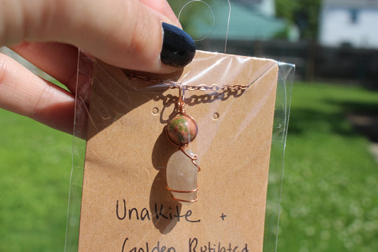 Unakite & Golden Rutilated Quartz Dainty Double