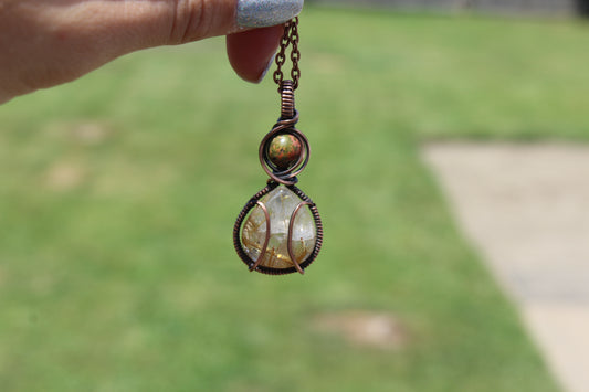 Unakite & Golden Rutilated Quartz Pendant