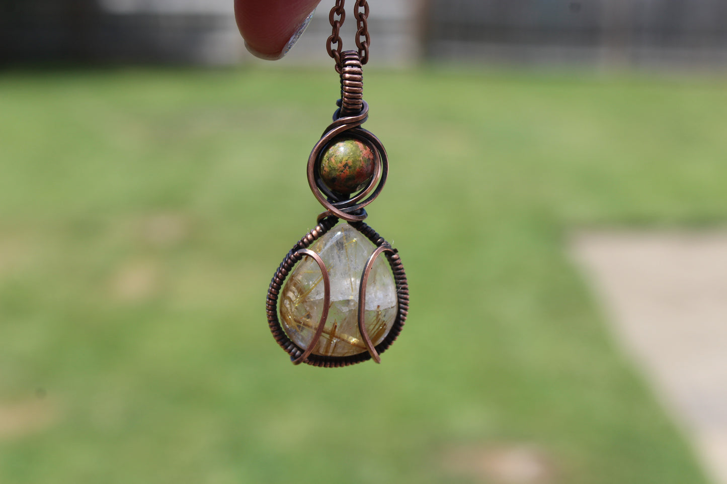 Unakite & Golden Rutilated Quartz Pendant