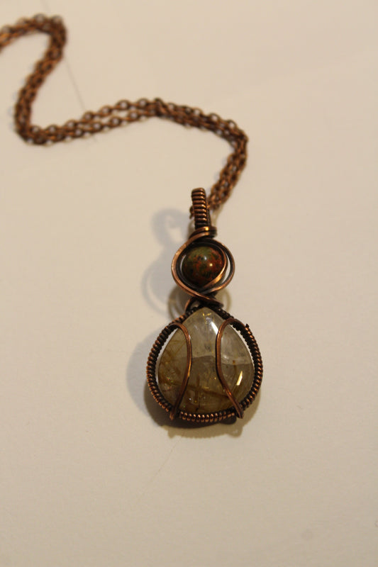 Unakite & Golden Rutilated Quartz Pendant