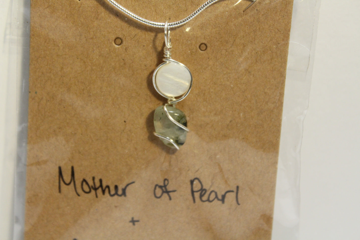 Mother of Pearl & Prehnite with Epidote Dainty Double
