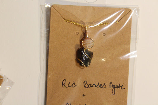 Red Banded Agate & Obsidian Dainty Double